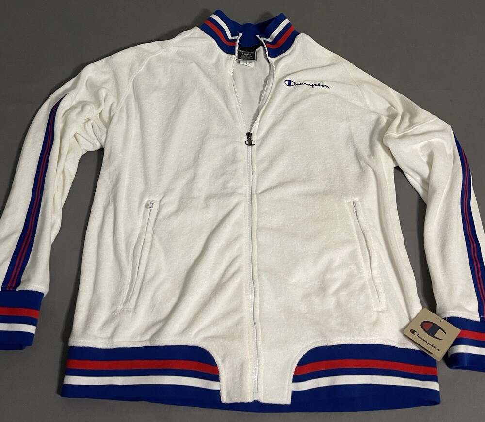 NWT Champion LIFE Terry Cloth Track Jacket Men’s XL White Red Blue Retro Warm Up